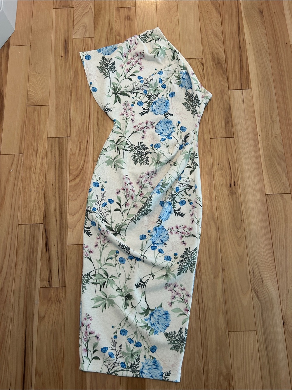 ASOS One-Shoulder Floral Midi Dress in Ivory with Blue & Green Print